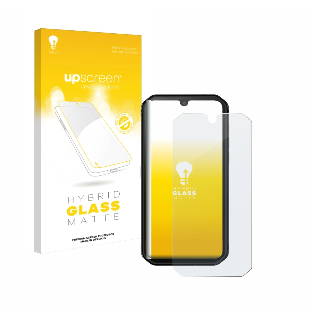 Face avant d’un emballage produit avec le logo de la marque upscreen. À côté, l’appareil Blackview BV9900E est représenté avec