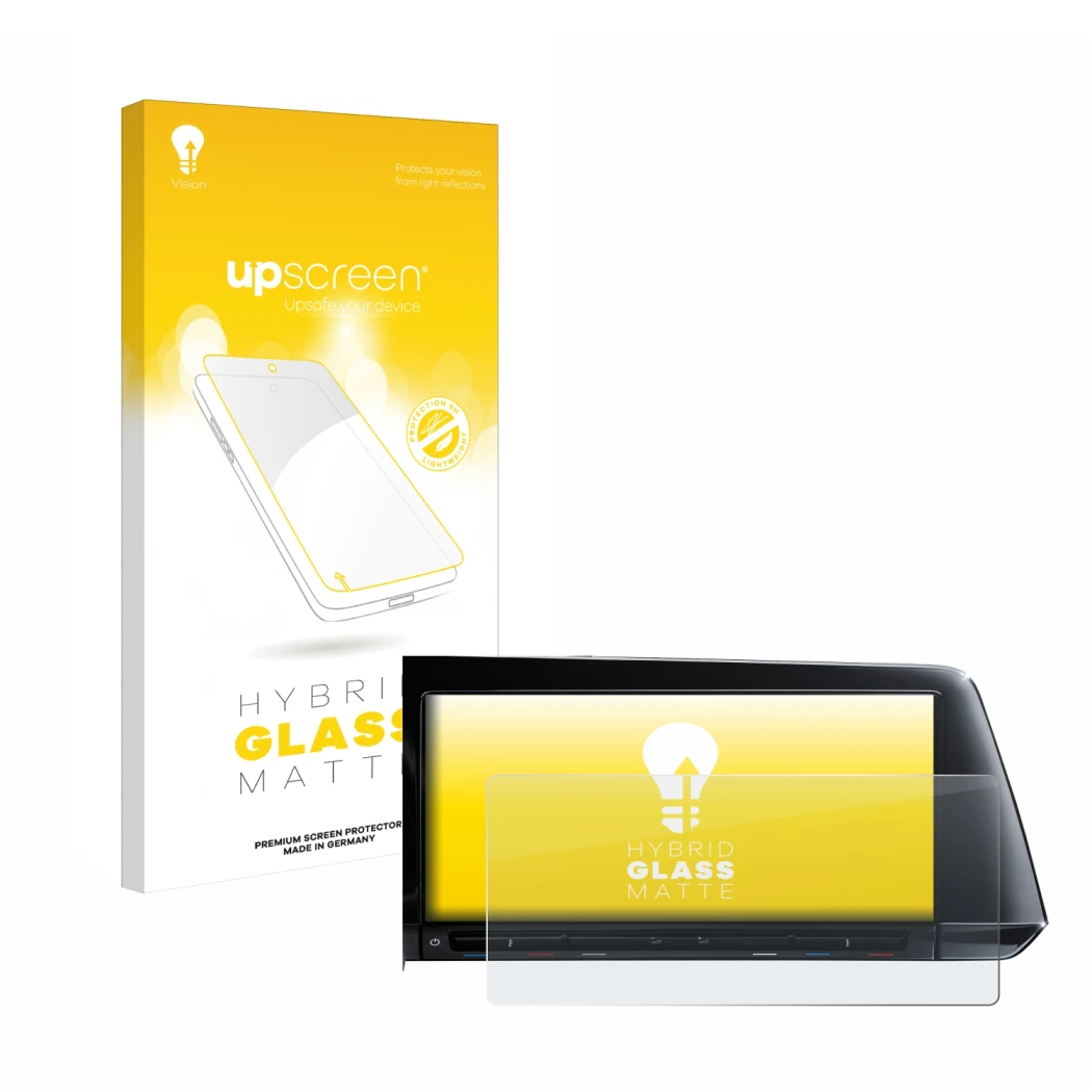 Face avant d’un emballage produit avec le logo de la marque upscreen. À côté, l’appareil Volkswagen Golf 8 2020 Discover Pro 1