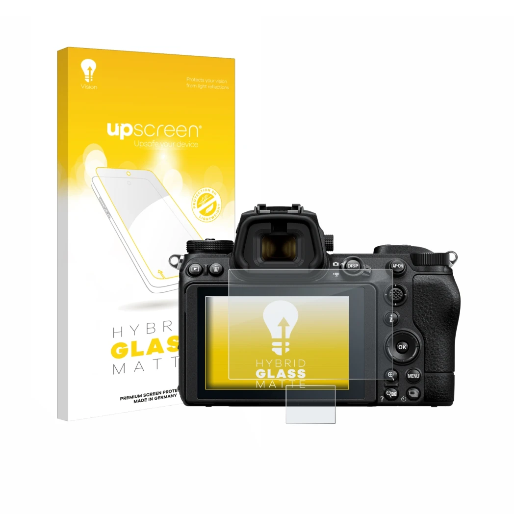 Face avant d’un emballage produit avec le logo de la marque upscreen. À côté, l’appareil Nikon Z 6 II est représenté avec la p