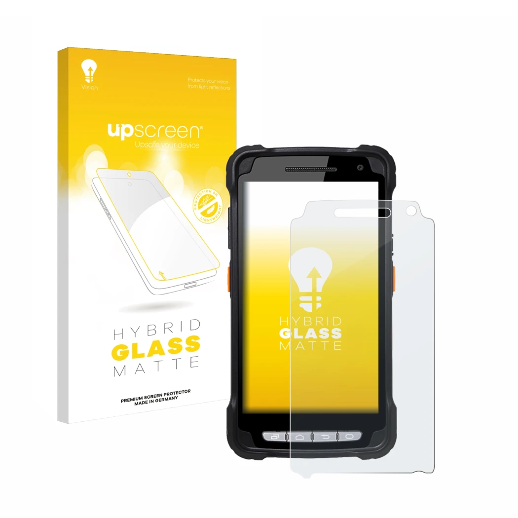 Face avant d’un emballage produit avec le logo de la marque upscreen. À côté, l’appareil Point Mobile PM90 est représenté avec