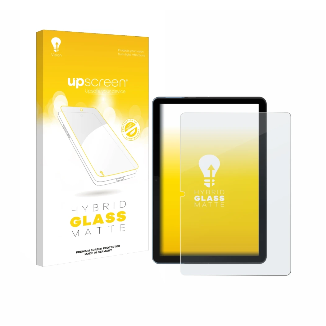 Face avant d’un emballage produit avec le logo de la marque upscreen. À côté, l’appareil Lenovo IdeaPad Duet Chromebook 10.1