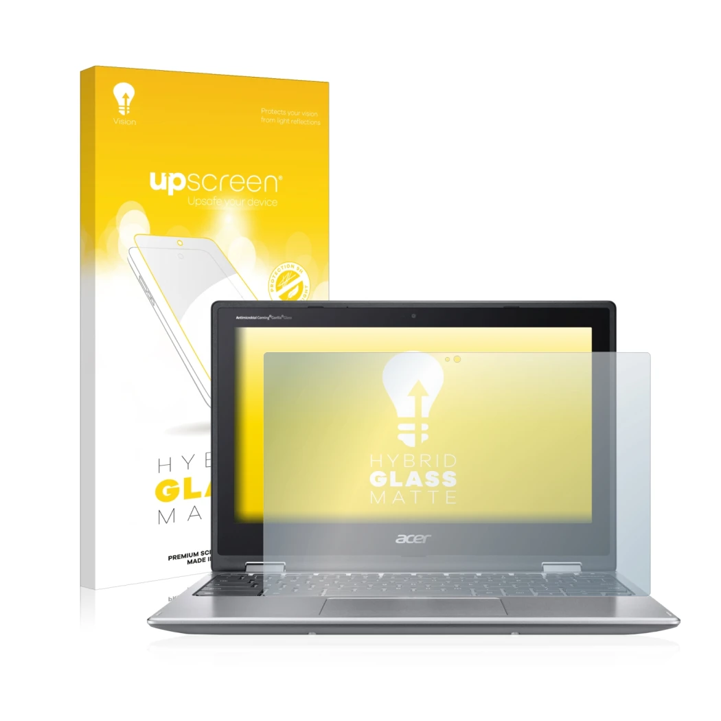 Face avant d’un emballage produit avec le logo de la marque upscreen. À côté, l’appareil Acer Chromebook Spin 311 est représen