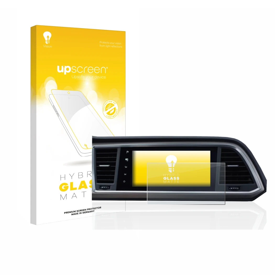 Face avant d’un emballage produit avec le logo de la marque upscreen. À côté, l’appareil Seat Ateca Style Go 2020 Infotainment