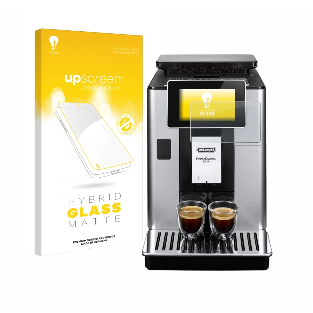 Face avant d’un emballage produit avec le logo de la marque upscreen. À côté, l’appareil DeLonghi PrimaDonna Soul ECAM610.74.M