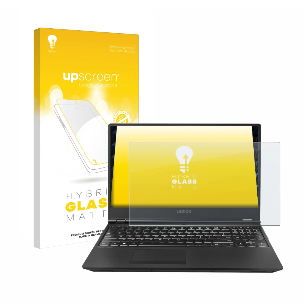 Face avant d’un emballage produit avec le logo de la marque upscreen. À côté, l’appareil Lenovo Legion 5Pi 15 est représenté a