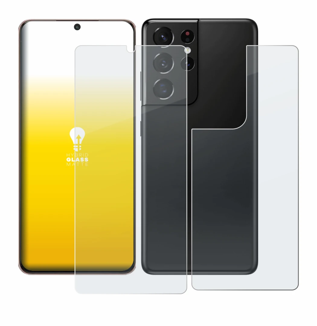 Image de l'appareil Samsung Galaxy S21 Ultra 5G (Avant+Arrière) avec une grande variété de protections d'écran.