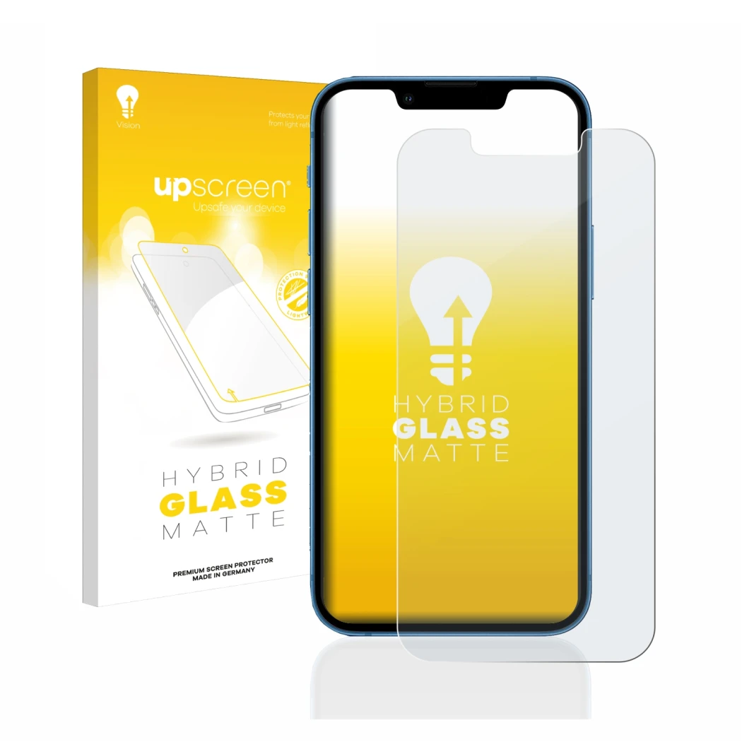 Face avant d’un emballage produit avec le logo de la marque upscreen. À côté, l’appareil Apple iPhone 13 mini est représenté a