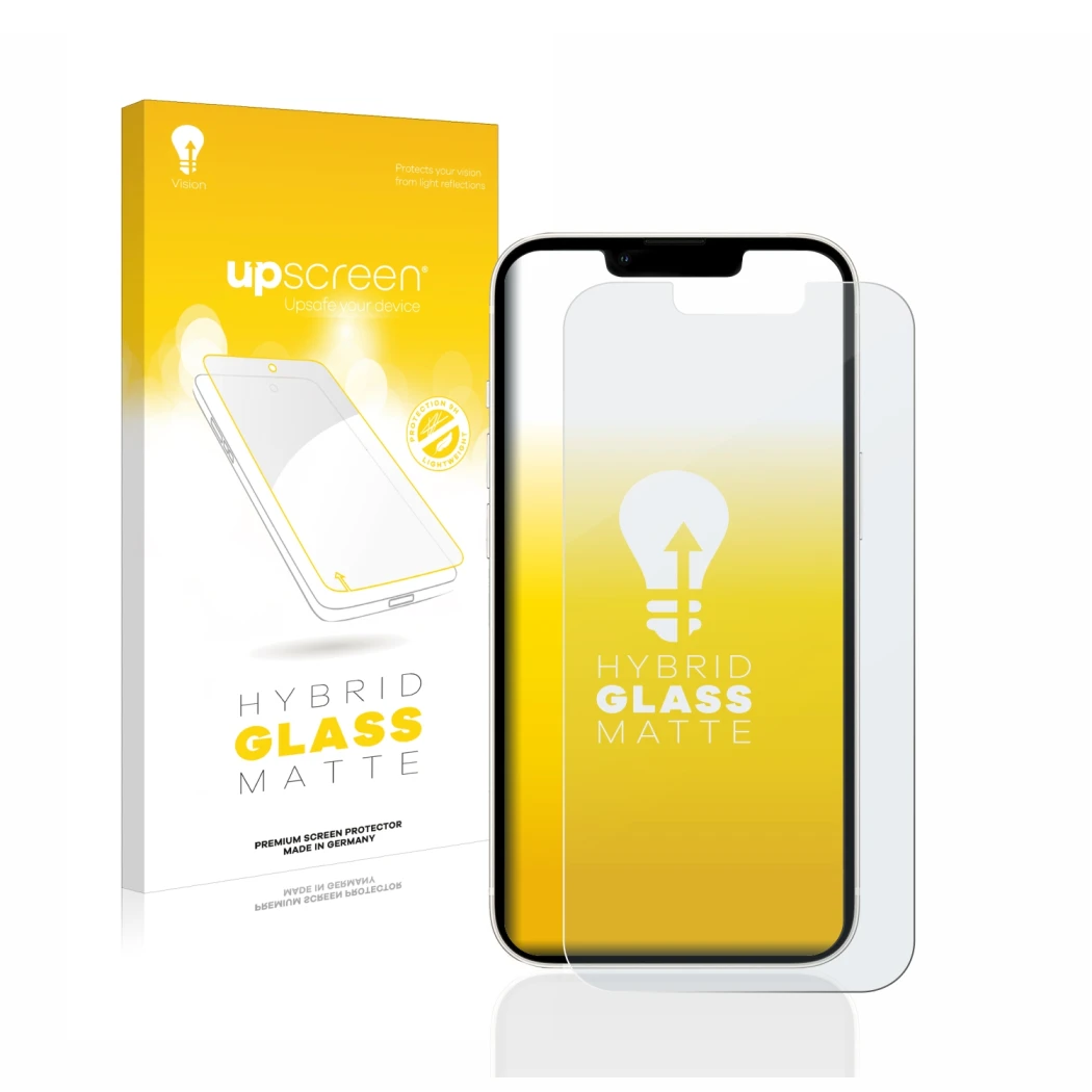 Face avant d’un emballage produit avec le logo de la marque upscreen. À côté, l’appareil Apple iPhone 13 est représenté avec l