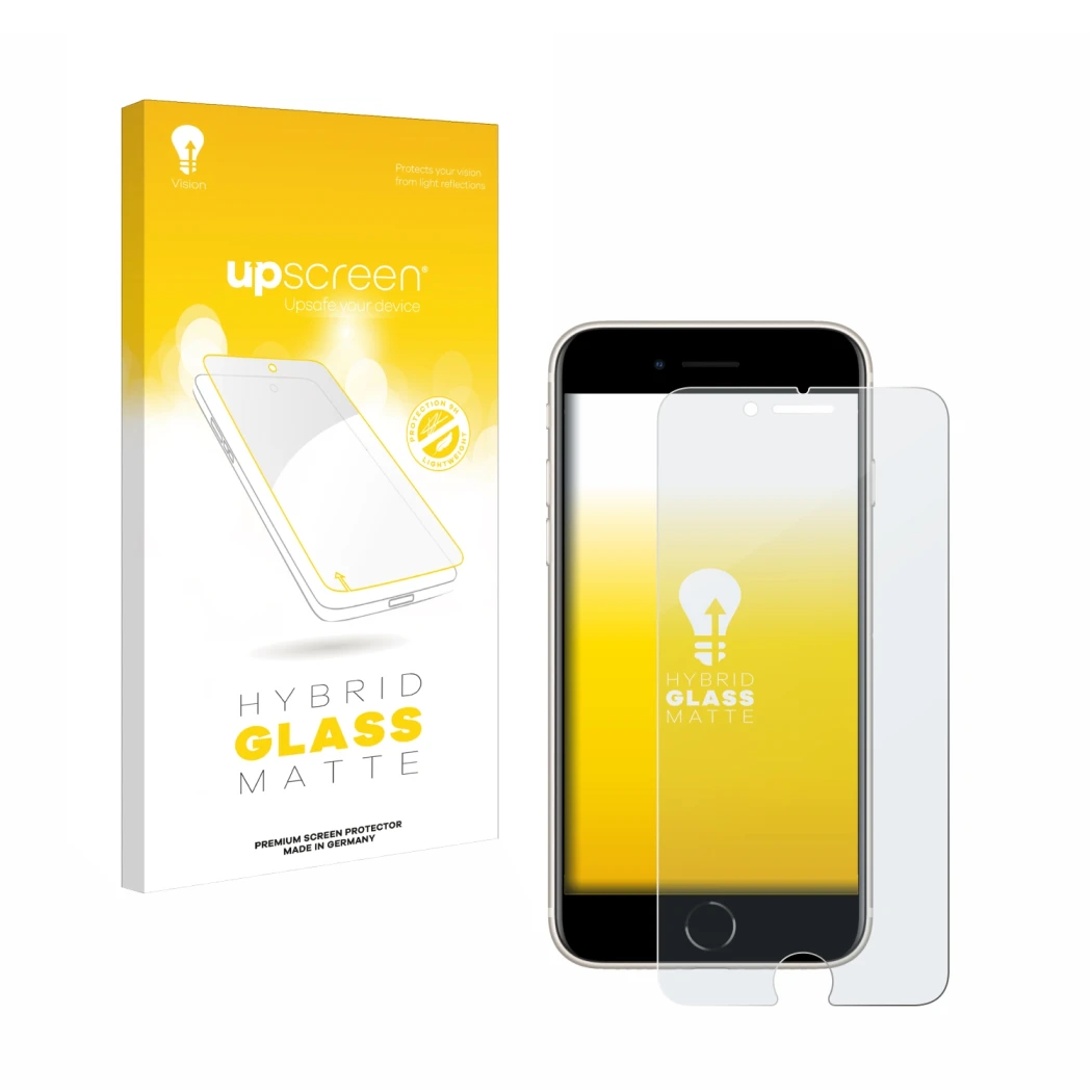 Face avant d’un emballage produit avec le logo de la marque upscreen. À côté, l’appareil Apple iPhone SE 3 2022 est représenté