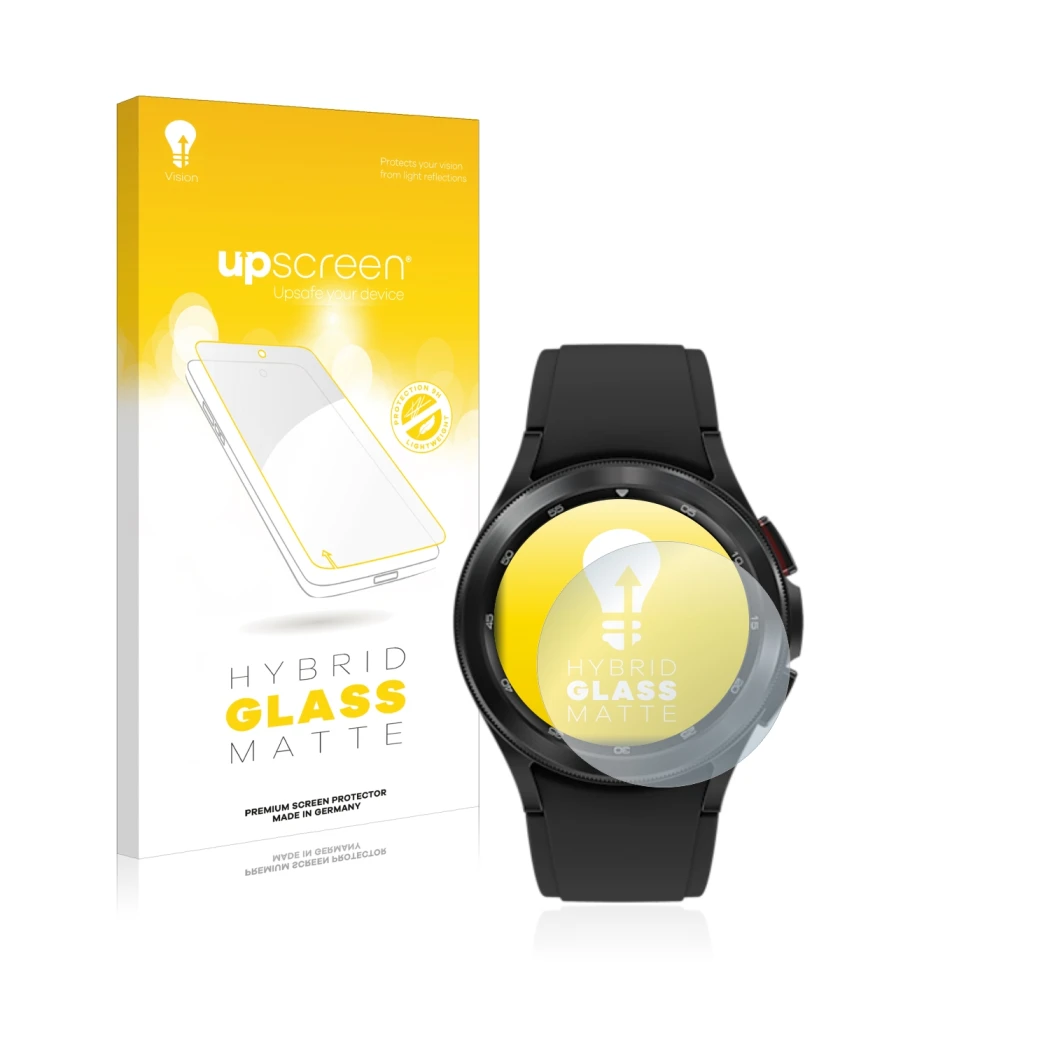 Face avant d’un emballage produit avec le logo de la marque upscreen. À côté, l’appareil Samsung Galaxy Watch 4 Classic (42mm)