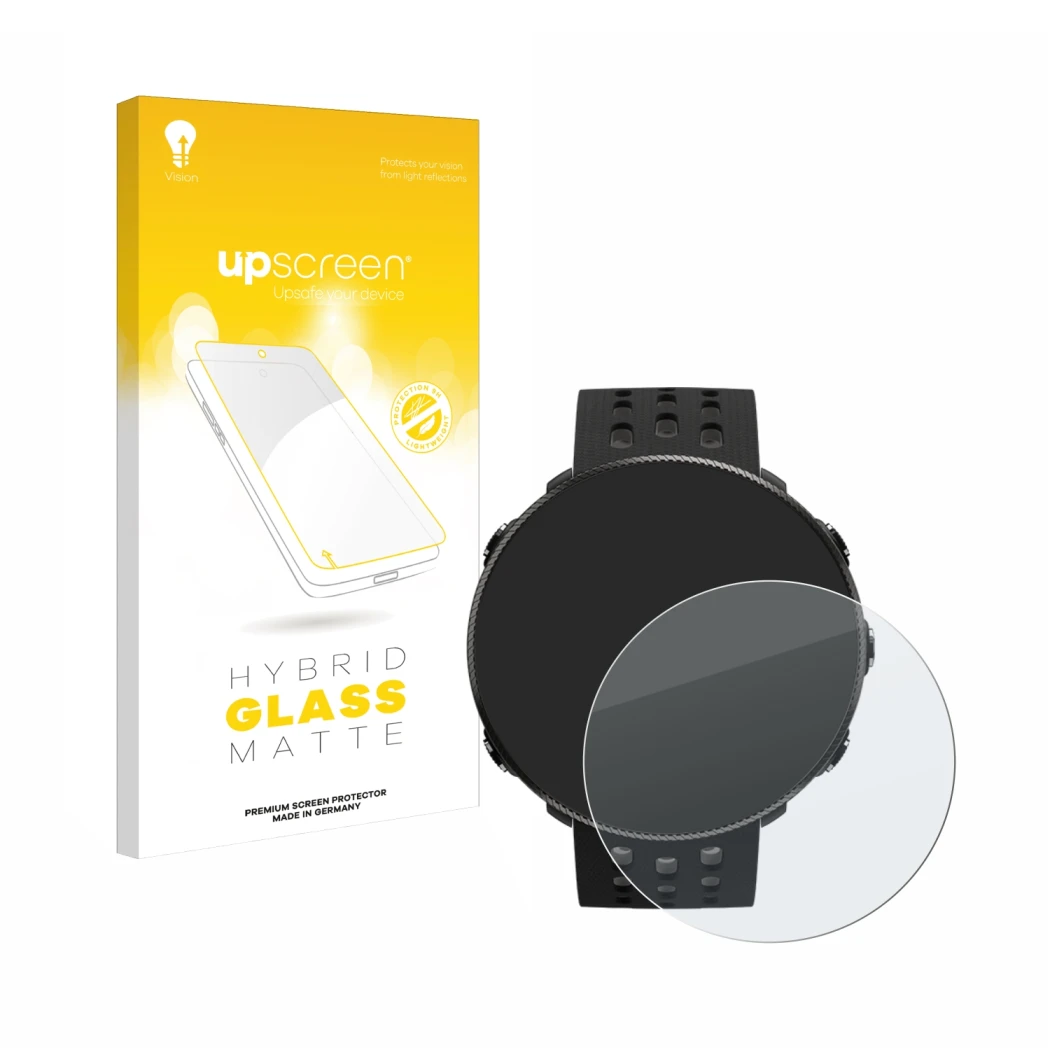 Face avant d’un emballage produit avec le logo de la marque upscreen. À côté, l’appareil Polar Vantage M2 est représenté avec 