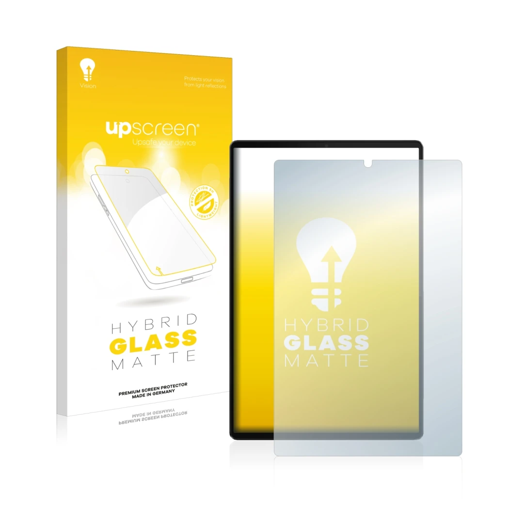 Face avant d’un emballage produit avec le logo de la marque upscreen. À côté, l’appareil Lenovo Tab M10 FHD Plus est représent