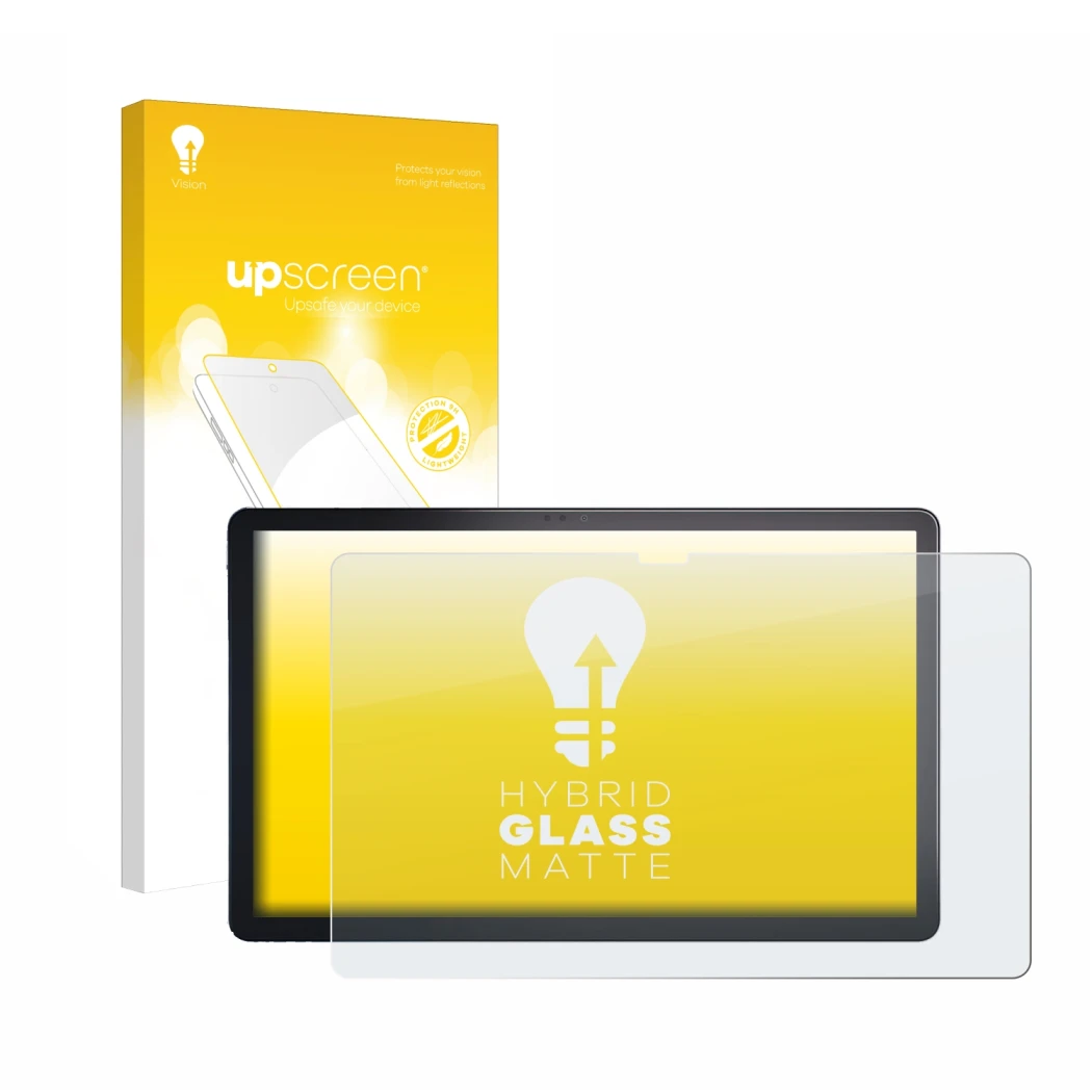 Face avant d’un emballage produit avec le logo de la marque upscreen. À côté, l’appareil Lenovo Tab P11 Plus est représenté av