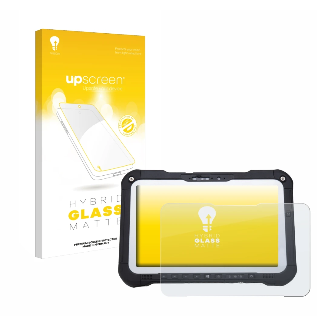 Face avant d’un emballage produit avec le logo de la marque upscreen. À côté, l’appareil Panasonic Toughbook FZ-G2 est représe