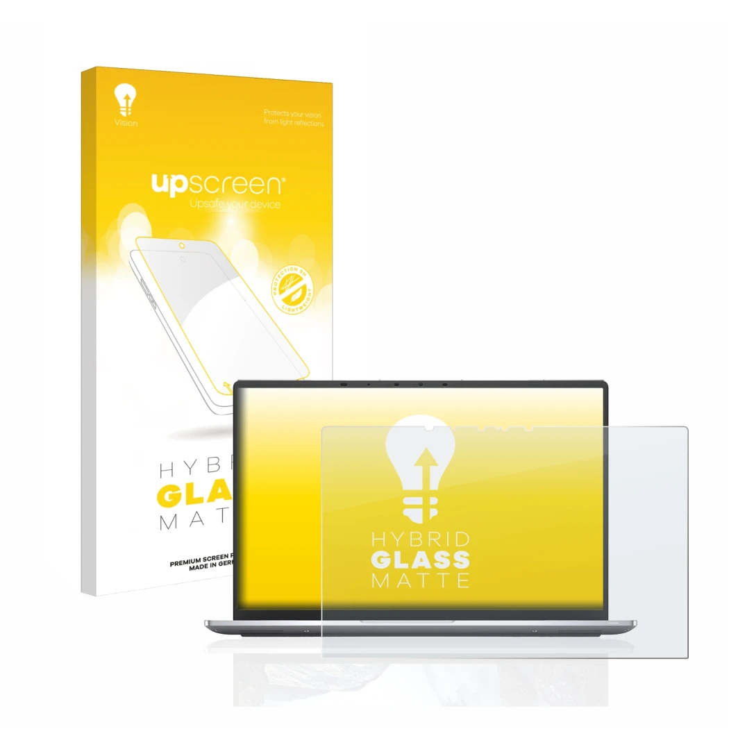 Face avant d’un emballage produit avec le logo de la marque upscreen. À côté, l’appareil Dell Latitude 9420 2-in-1 2021 est re