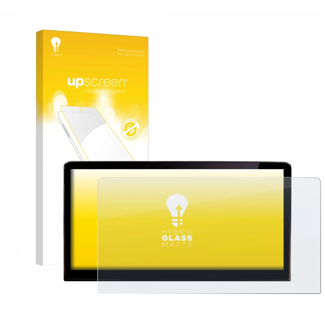 Face avant d’un emballage produit avec le logo de la marque upscreen. À côté, l’appareil Skoda Enyaq iV 80 2021 Infotainment S