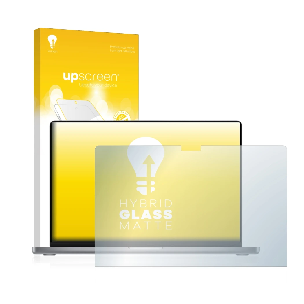 Face avant d’un emballage produit avec le logo de la marque upscreen. À côté, l’appareil Apple MacBook Pro 16