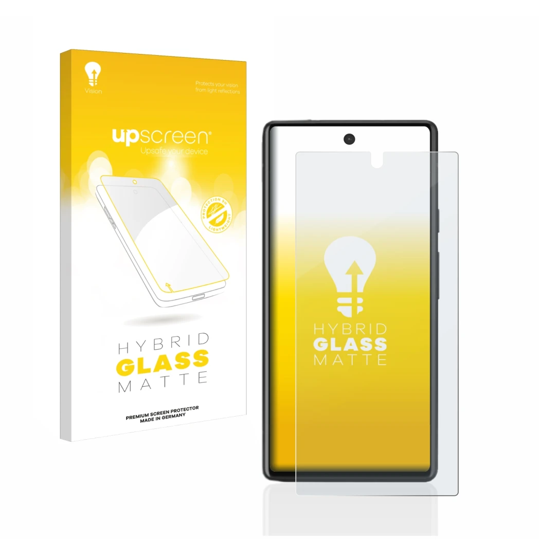 Face avant d’un emballage produit avec le logo de la marque upscreen. À côté, l’appareil Google Pixel 6a est représenté avec l