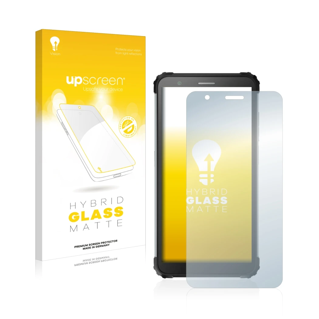 Face avant d’un emballage produit avec le logo de la marque upscreen. À côté, l’appareil Blackview BV6600 Pro est représenté a