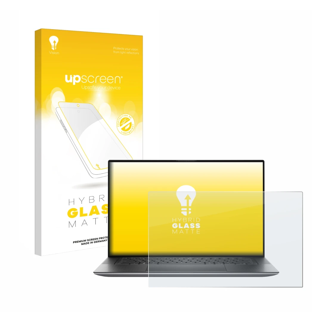 Face avant d’un emballage produit avec le logo de la marque upscreen. À côté, l’appareil Dell Precision 5560 est représenté av