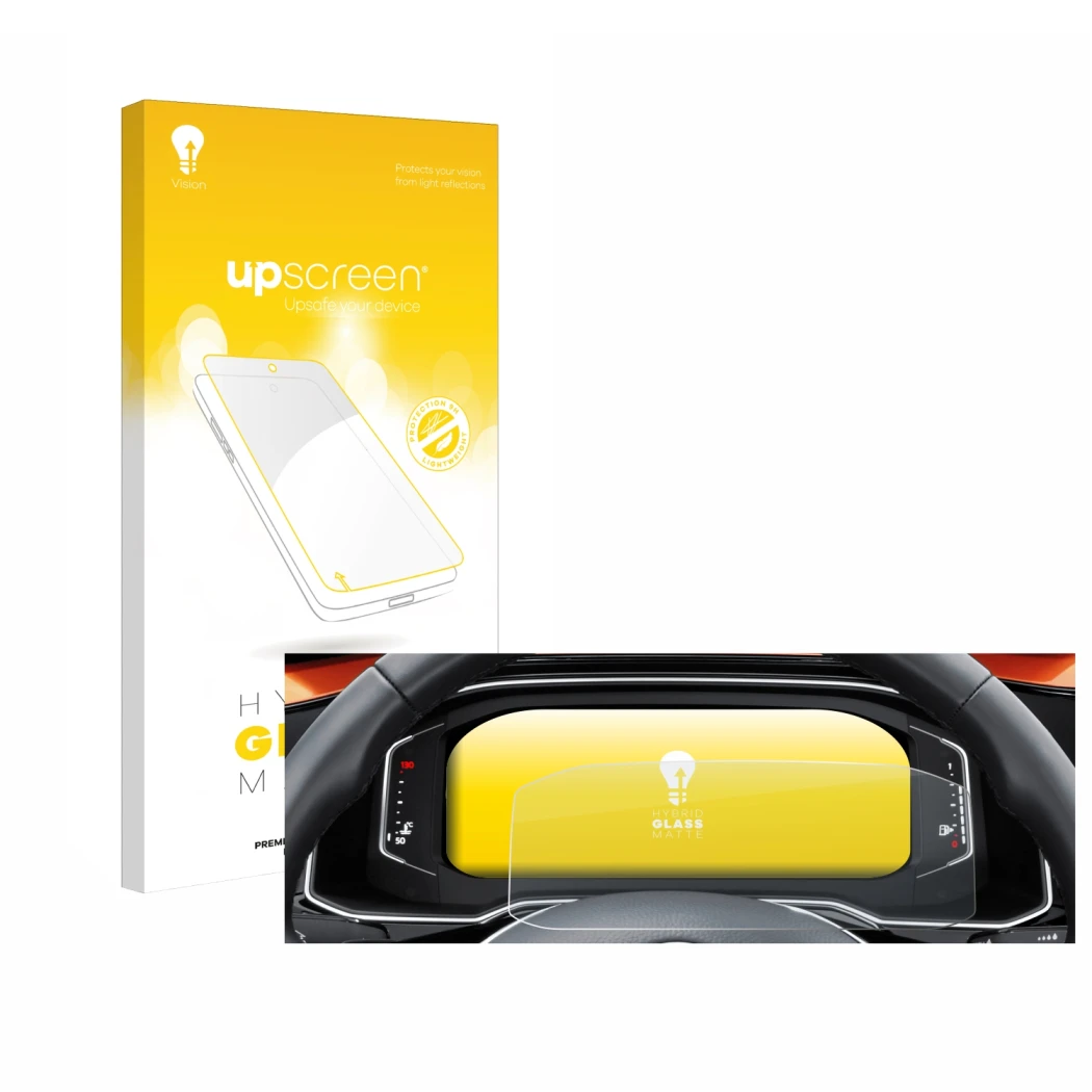 Face avant d’un emballage produit avec le logo de la marque upscreen. À côté, l’appareil Volkswagen Polo 6 Digital Cockpit Pro