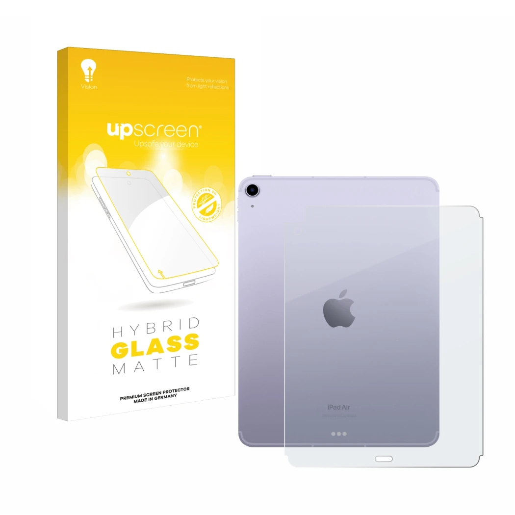 Face avant d’un emballage produit avec le logo de la marque upscreen. À côté, l’appareil Apple iPad Air 5 WiFi 2022 (Arrière, 