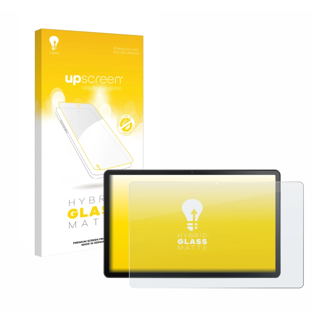 Face avant d’un emballage produit avec le logo de la marque upscreen. À côté, l’appareil Lenovo Tab M10 Plus (3ème Gen.) est r