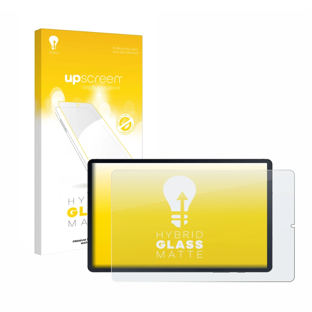 Face avant d’un emballage produit avec le logo de la marque upscreen. À côté, l’appareil Samsung Galaxy Tab S6 Lite WiFi 2022 