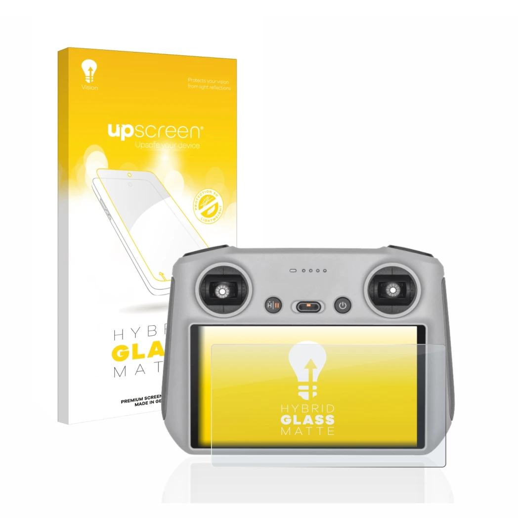 Face avant d’un emballage produit avec le logo de la marque upscreen. À côté, l’appareil DJI RC Controller est représenté avec