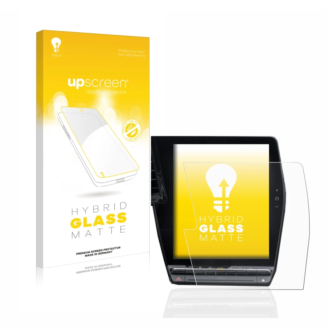 Face avant d’un emballage produit avec le logo de la marque upscreen. À côté, l’appareil Renault Megane E-Tech openR Link 12