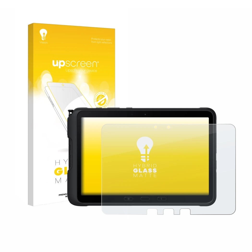 Face avant d’un emballage produit avec le logo de la marque upscreen. À côté, l’appareil Samsung Galaxy Tab Active 4 Pro est r