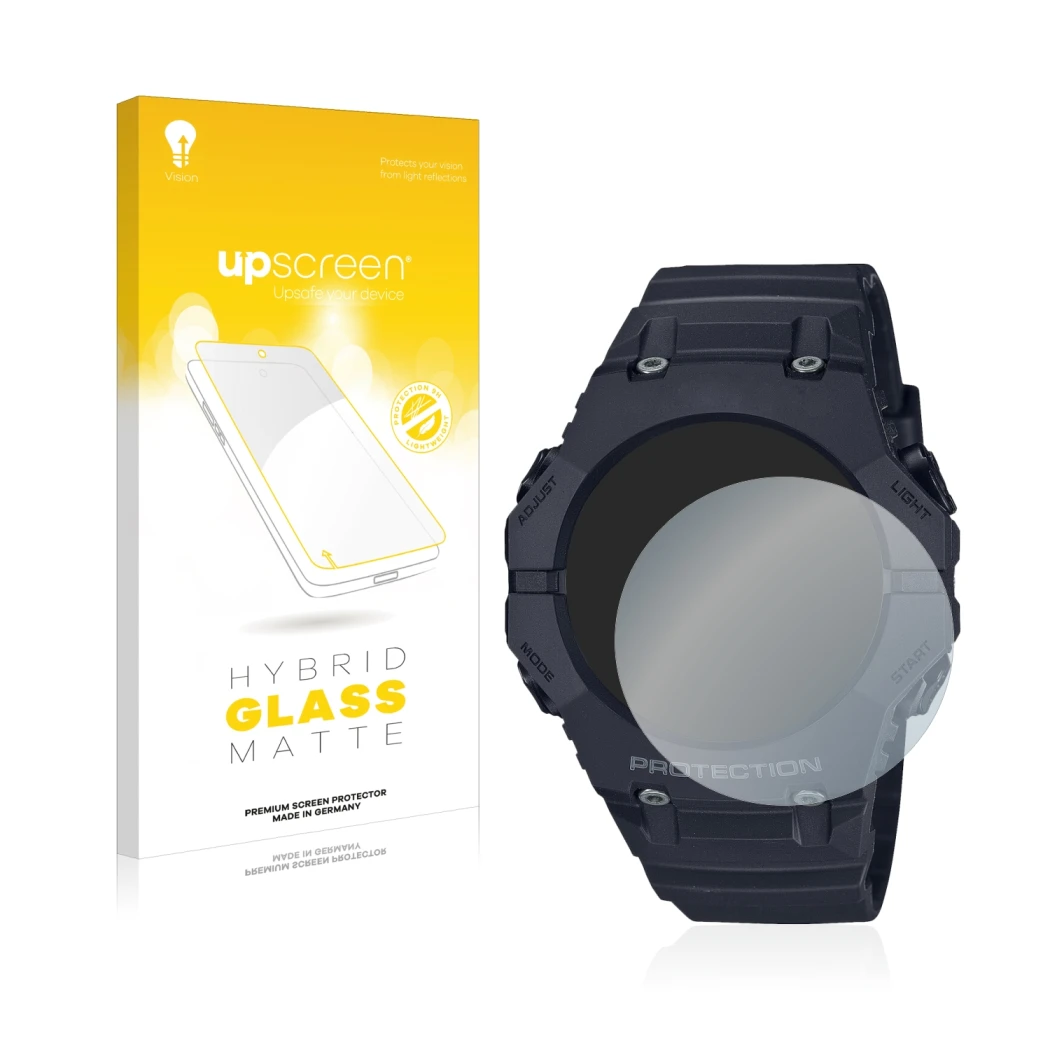 Face avant d’un emballage produit avec le logo de la marque upscreen. À côté, l’appareil Casio G-Shock GA-B001 est représenté 