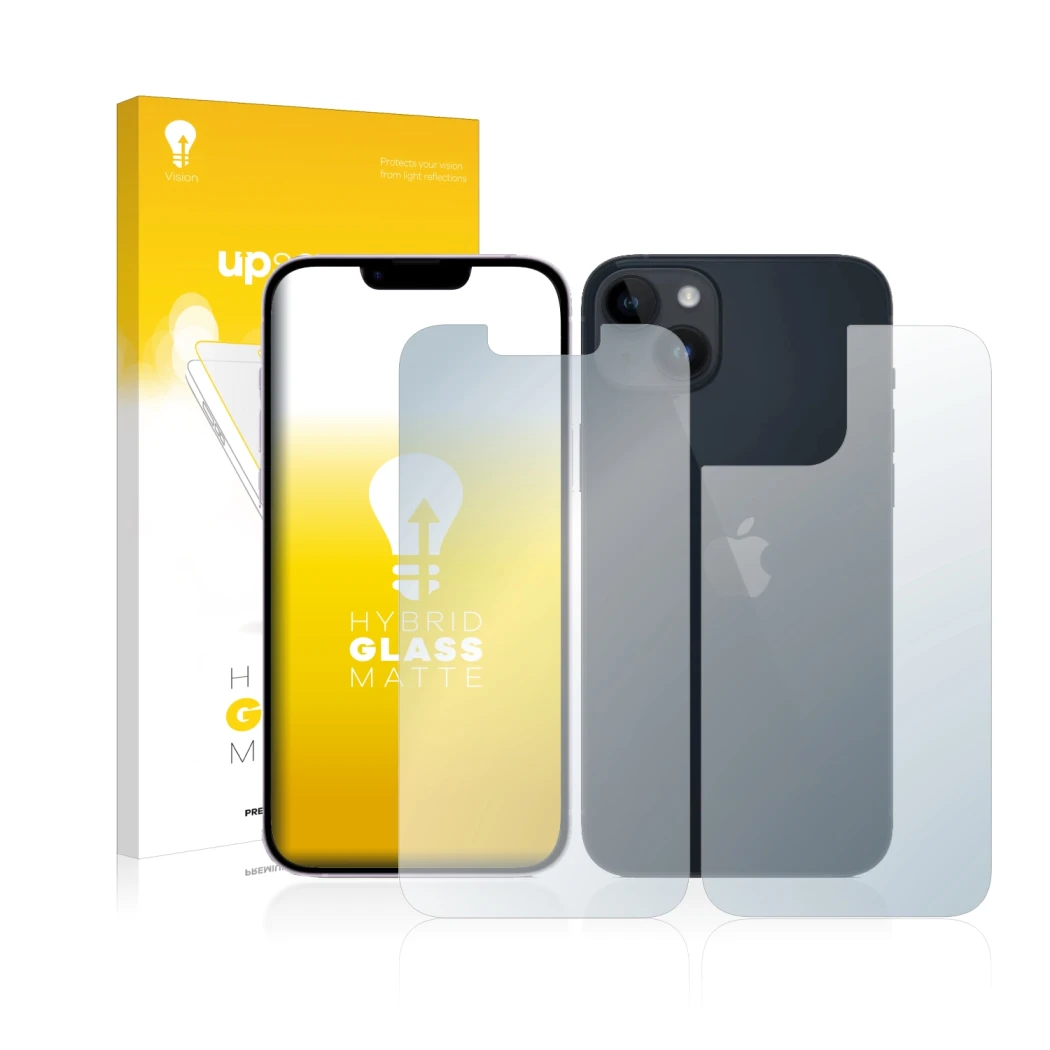 Face avant d’un emballage produit avec le logo de la marque upscreen. À côté, l’appareil Apple iPhone 14 (Avant+Arrière) est r