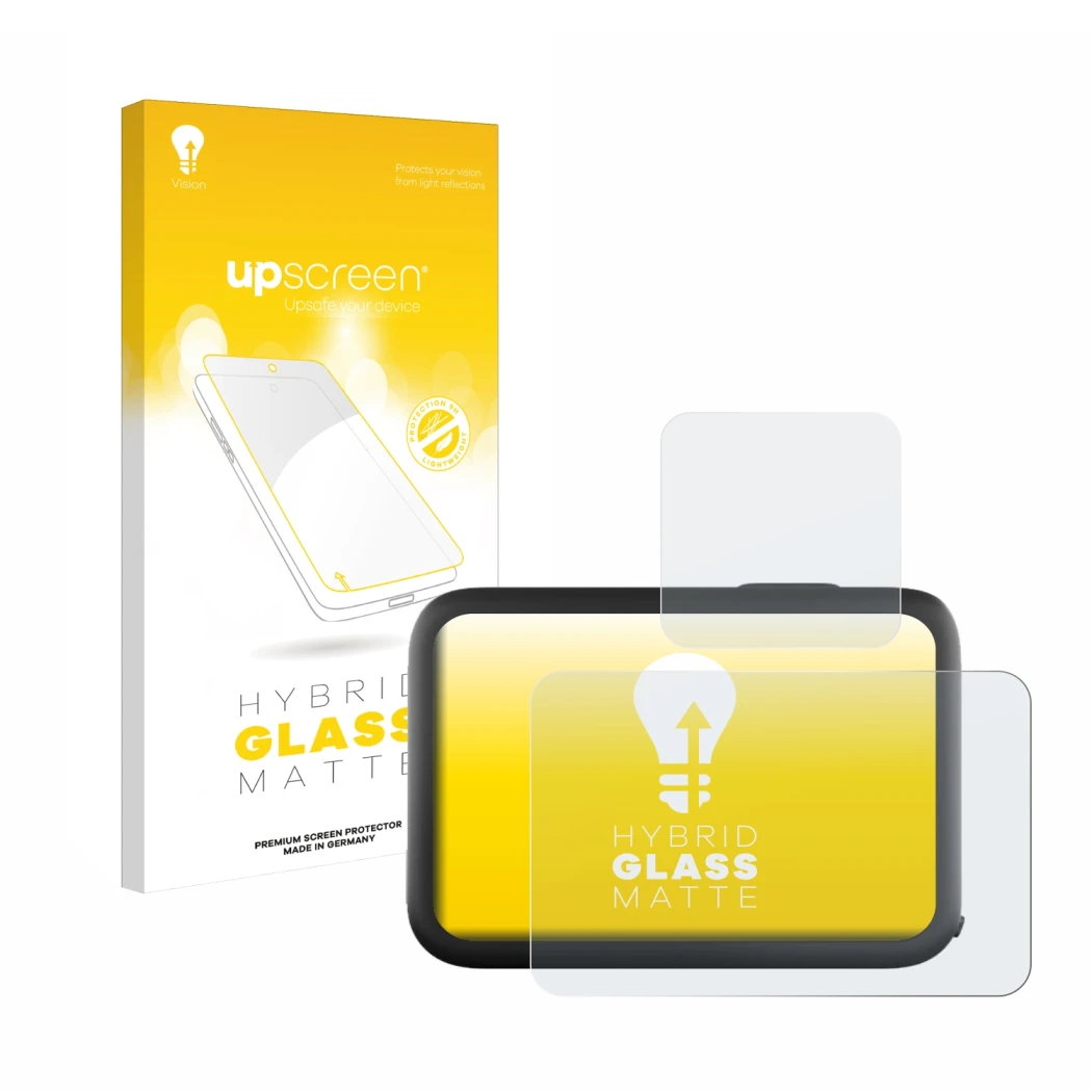 Face avant d’un emballage produit avec le logo de la marque upscreen. À côté, l’appareil GoPro Hero 11 Black est représenté av