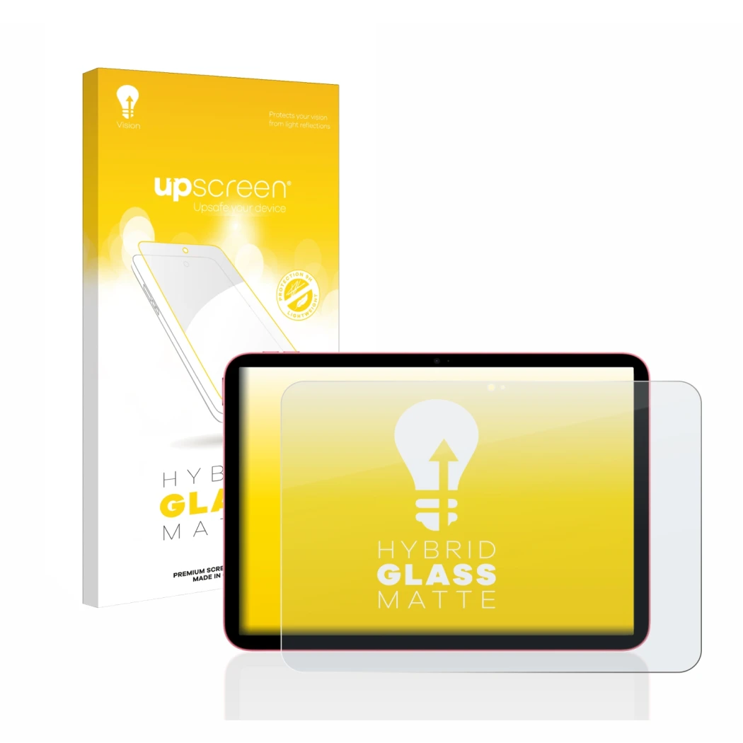 Face avant d’un emballage produit avec le logo de la marque upscreen. À côté, l’appareil Apple iPad 10.9