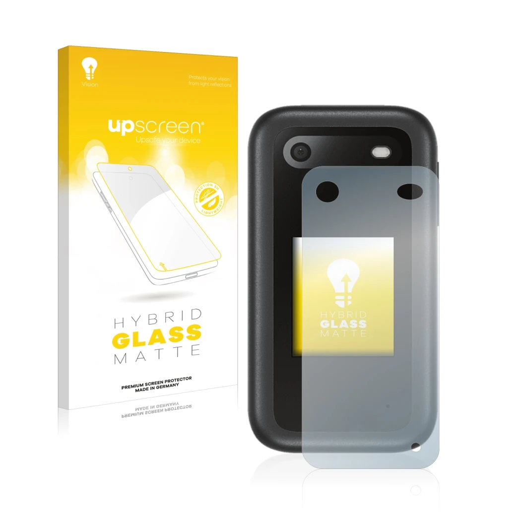 Face avant d’un emballage produit avec le logo de la marque upscreen. À côté, l’appareil Nokia 2660 Flip (Arrière) est représe