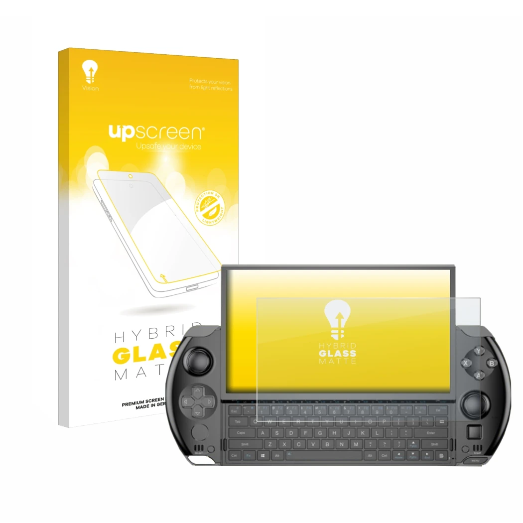 Face avant d’un emballage produit avec le logo de la marque upscreen. À côté, l’appareil GPD Win 4 est représenté avec la prot