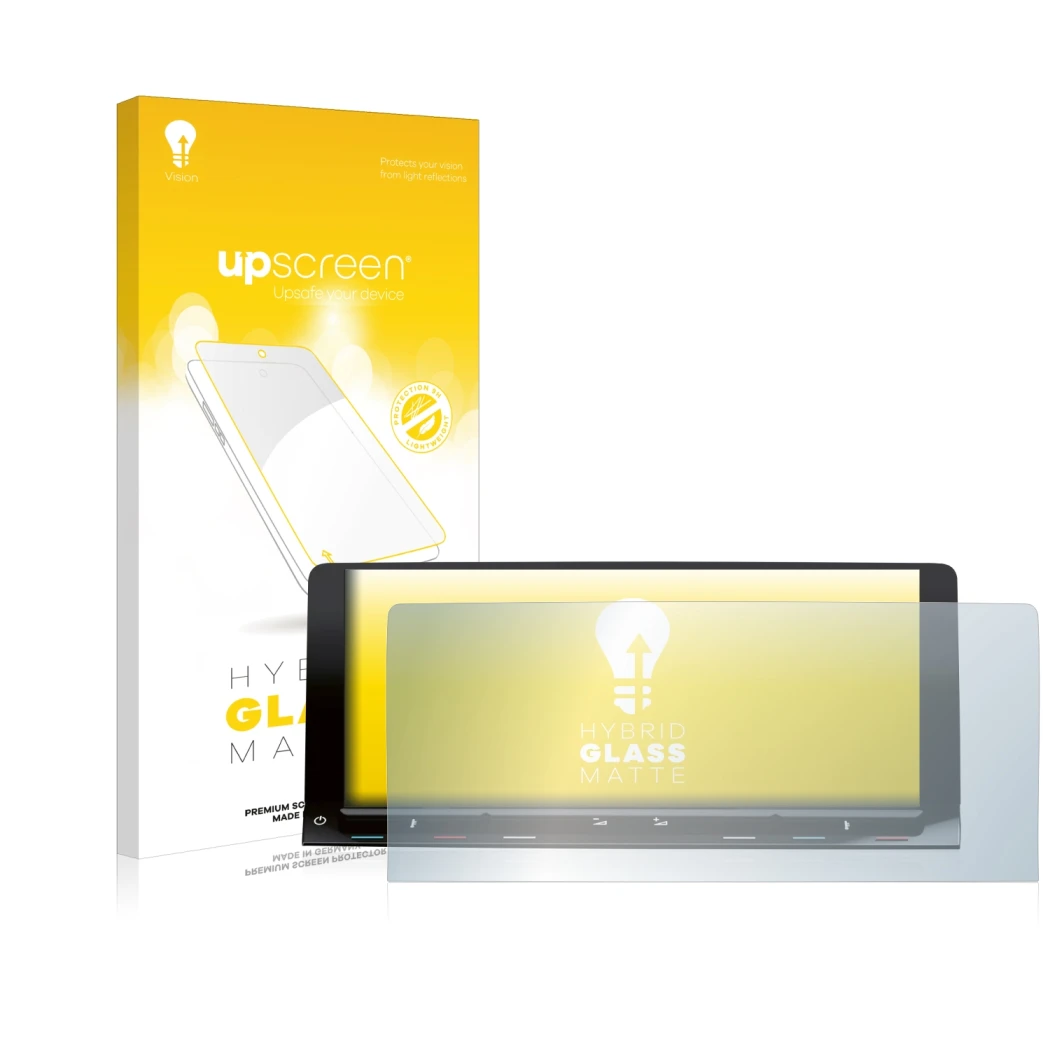 Face avant d’un emballage produit avec le logo de la marque upscreen. À côté, l’appareil Volkswagen T7 Multivan Life Discover 