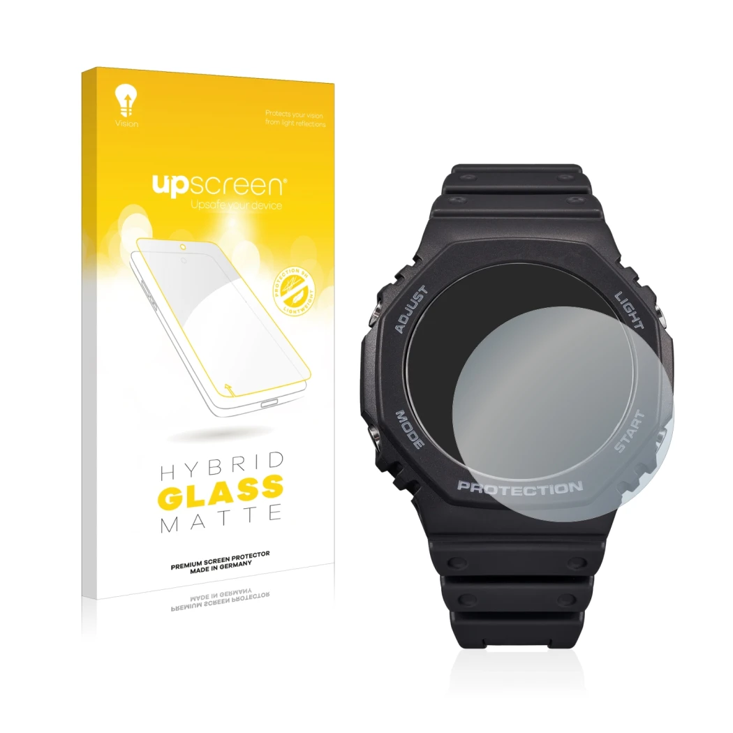 Face avant d’un emballage produit avec le logo de la marque upscreen. À côté, l’appareil Casio G-Shock GA-B2100 est représenté