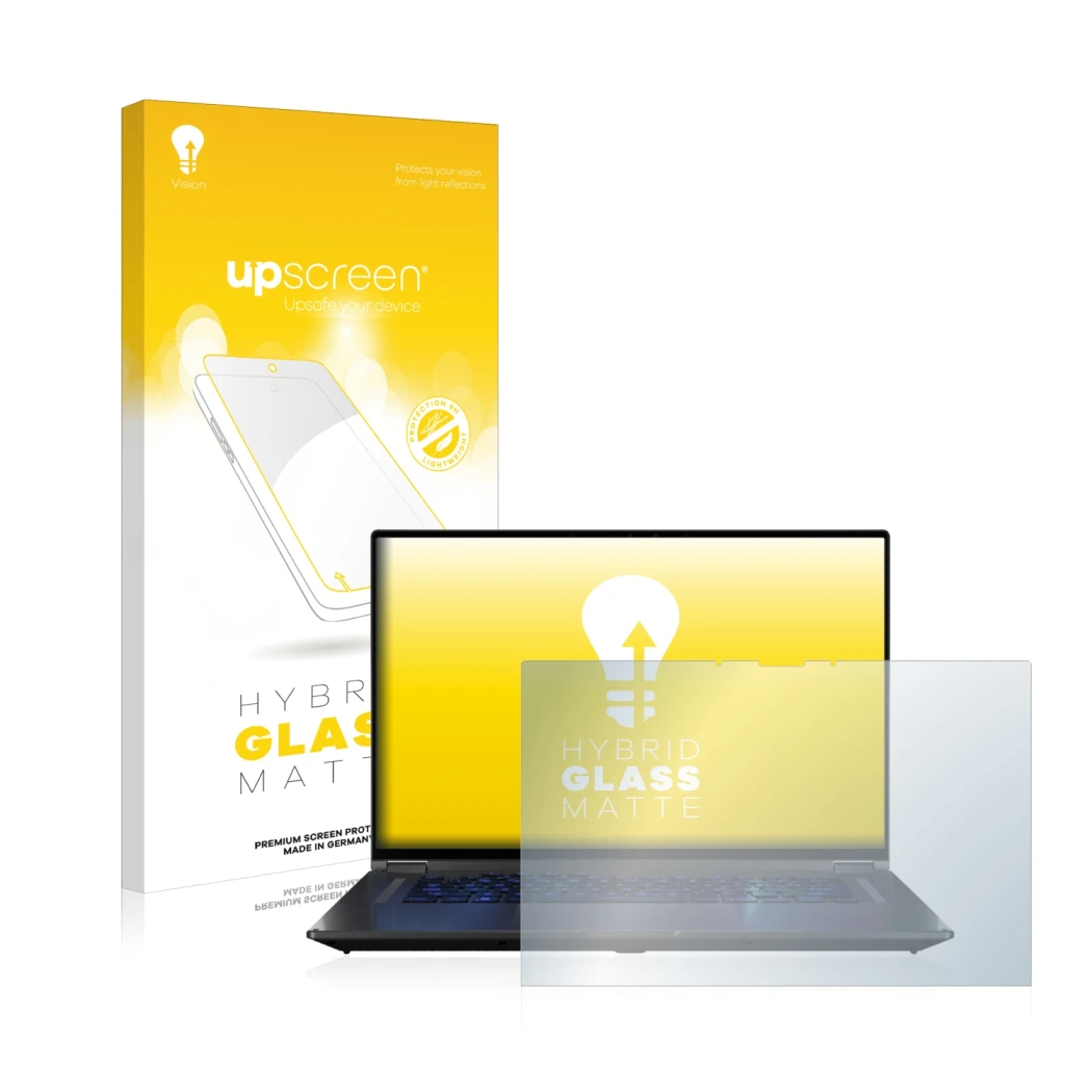 Face avant d’un emballage produit avec le logo de la marque upscreen. À côté, l’appareil ASUS ROG Flow X16 est représenté avec