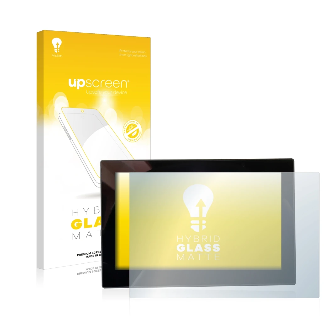 Face avant d’un emballage produit avec le logo de la marque upscreen. À côté, l’appareil MG 4 7-Zoll Digitales Instrumentendis