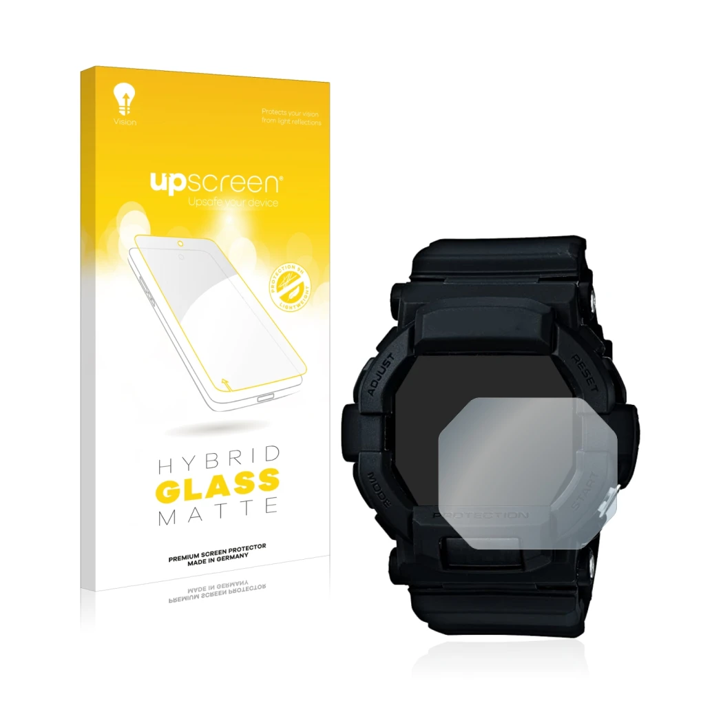 Face avant d’un emballage produit avec le logo de la marque upscreen. À côté, l’appareil Casio G-Shock GD350 est représenté av