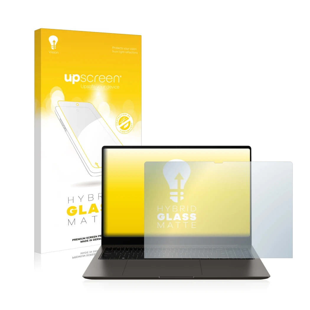 Face avant d’un emballage produit avec le logo de la marque upscreen. À côté, l’appareil Samsung Galaxy Book3 Ultra 16