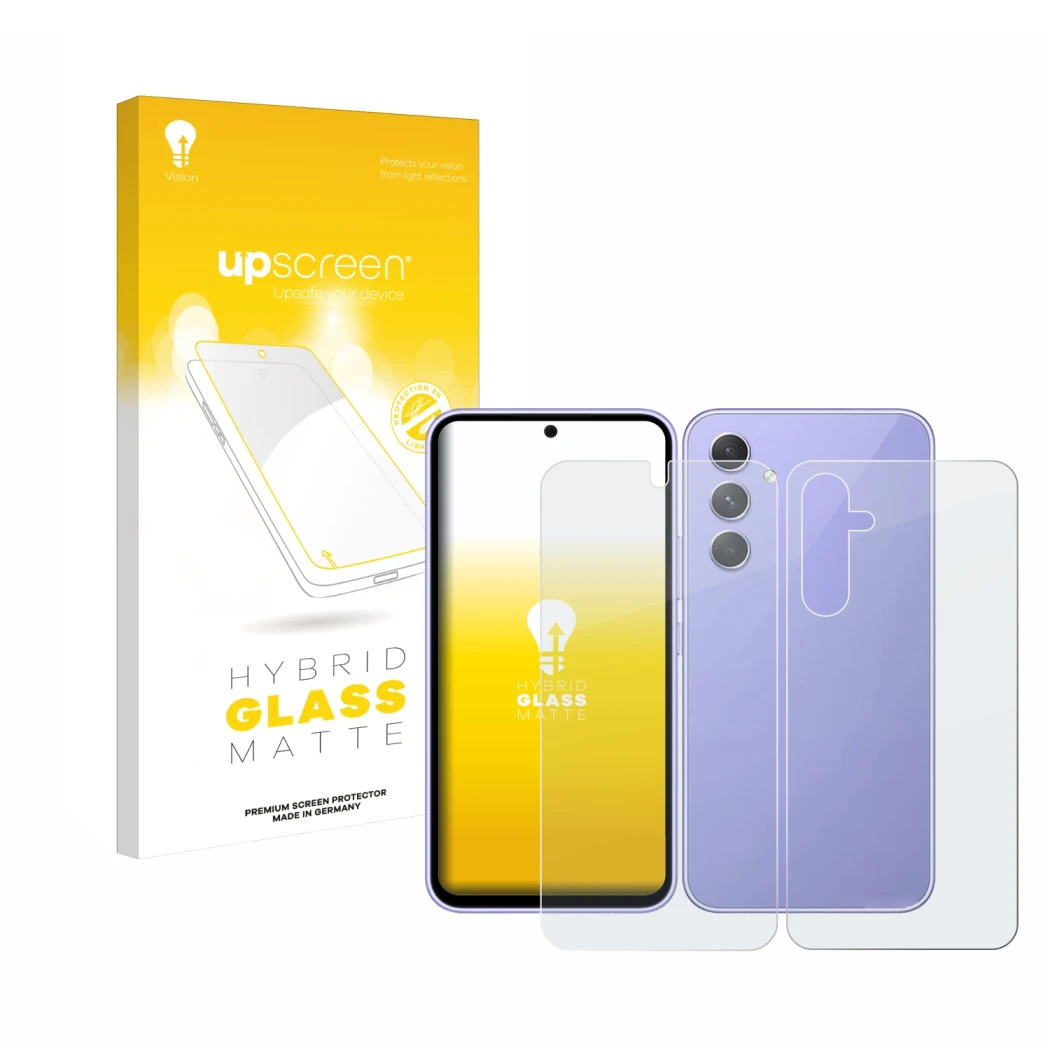 Face avant d’un emballage produit avec le logo de la marque upscreen. À côté, l’appareil Samsung Galaxy A54 5G (Avant+Arrière)