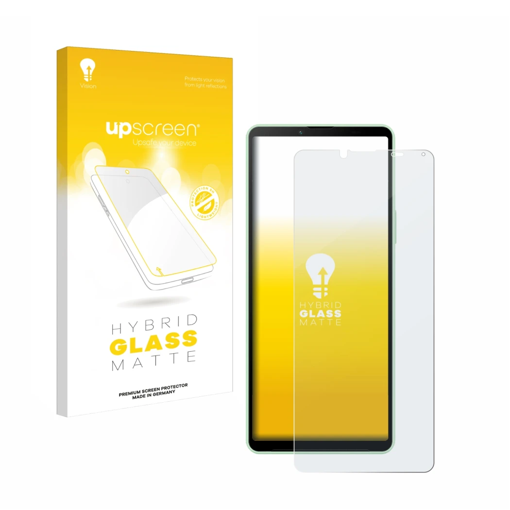 Face avant d’un emballage produit avec le logo de la marque upscreen. À côté, l’appareil Sony Xperia 10 V est représenté avec 