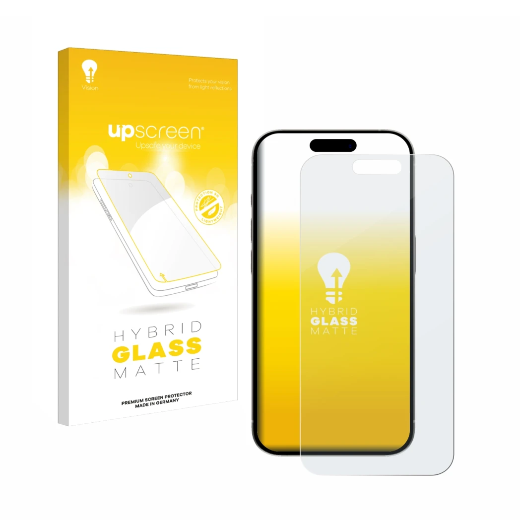 Face avant d’un emballage produit avec le logo de la marque upscreen. À côté, l’appareil Apple iPhone 15 Pro est représenté av