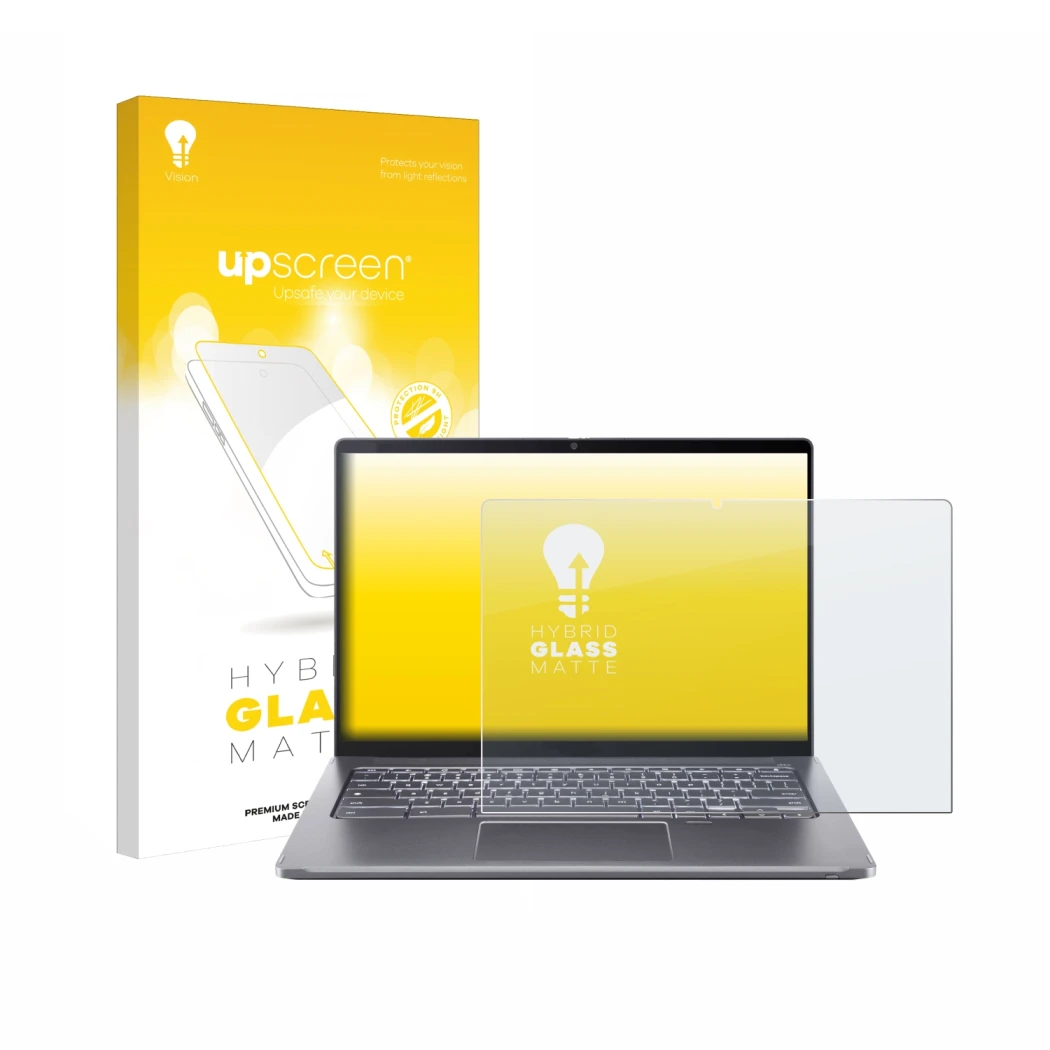 Face avant d’un emballage produit avec le logo de la marque upscreen. À côté, l’appareil Acer Chromebook Spin 714 est représen