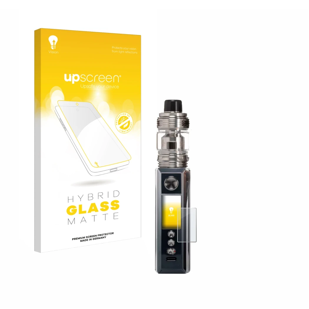 Face avant d’un emballage produit avec le logo de la marque upscreen. À côté, l’appareil Voopoo Drag M100S est représenté avec