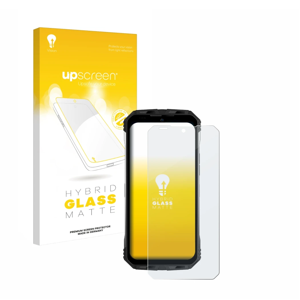 Face avant d’un emballage produit avec le logo de la marque upscreen. À côté, l’appareil Doogee S100 Pro est représenté avec l