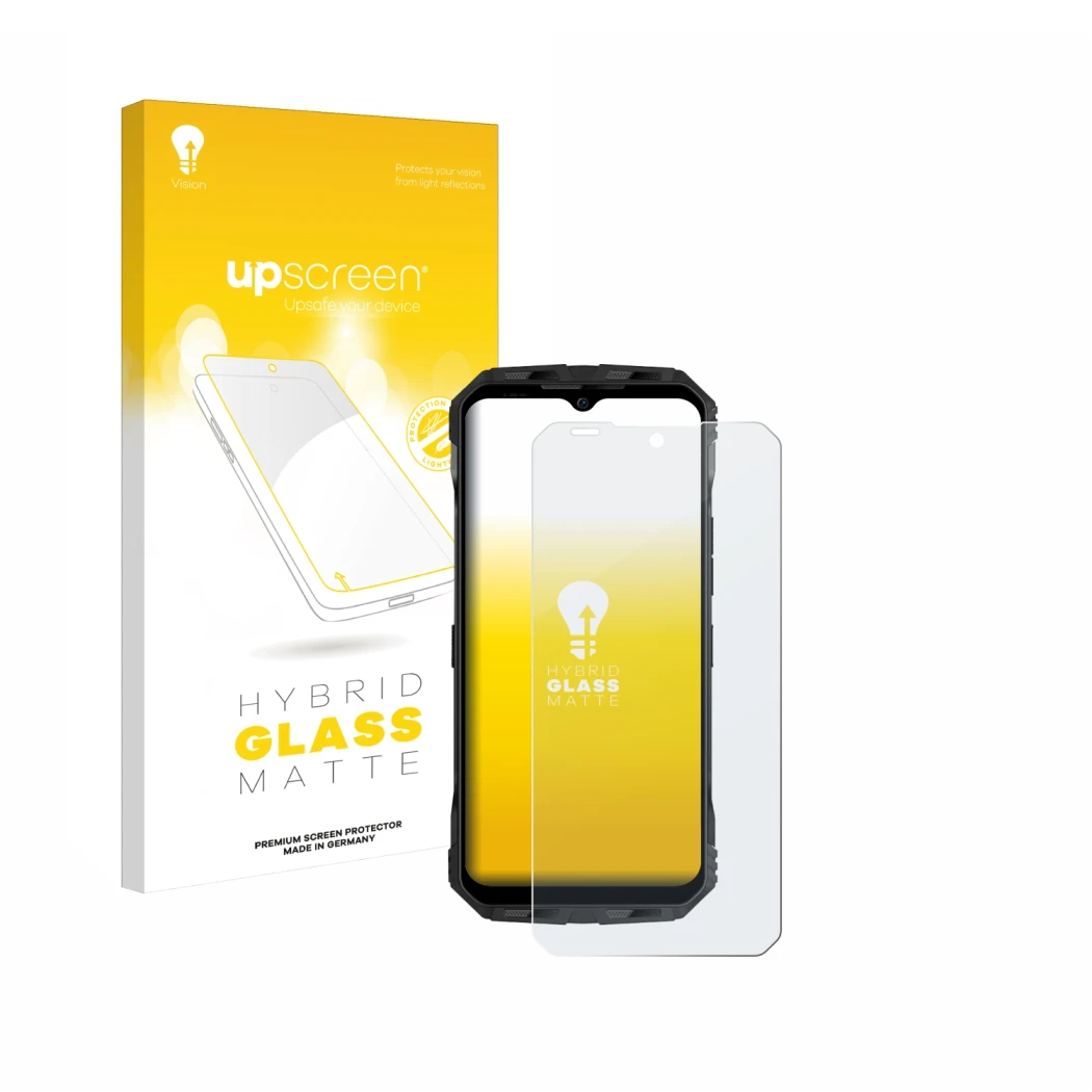 Face avant d’un emballage produit avec le logo de la marque upscreen. À côté, l’appareil Doogee V Max est représenté avec la p